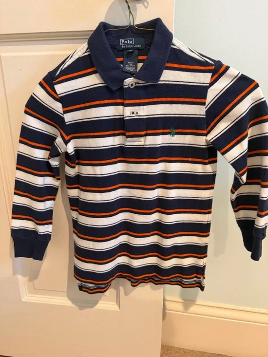 Kids Ralph Lauren size 5 Navy, White & Orange Striped Long-Sleeve Polo - Picture 1 of 5